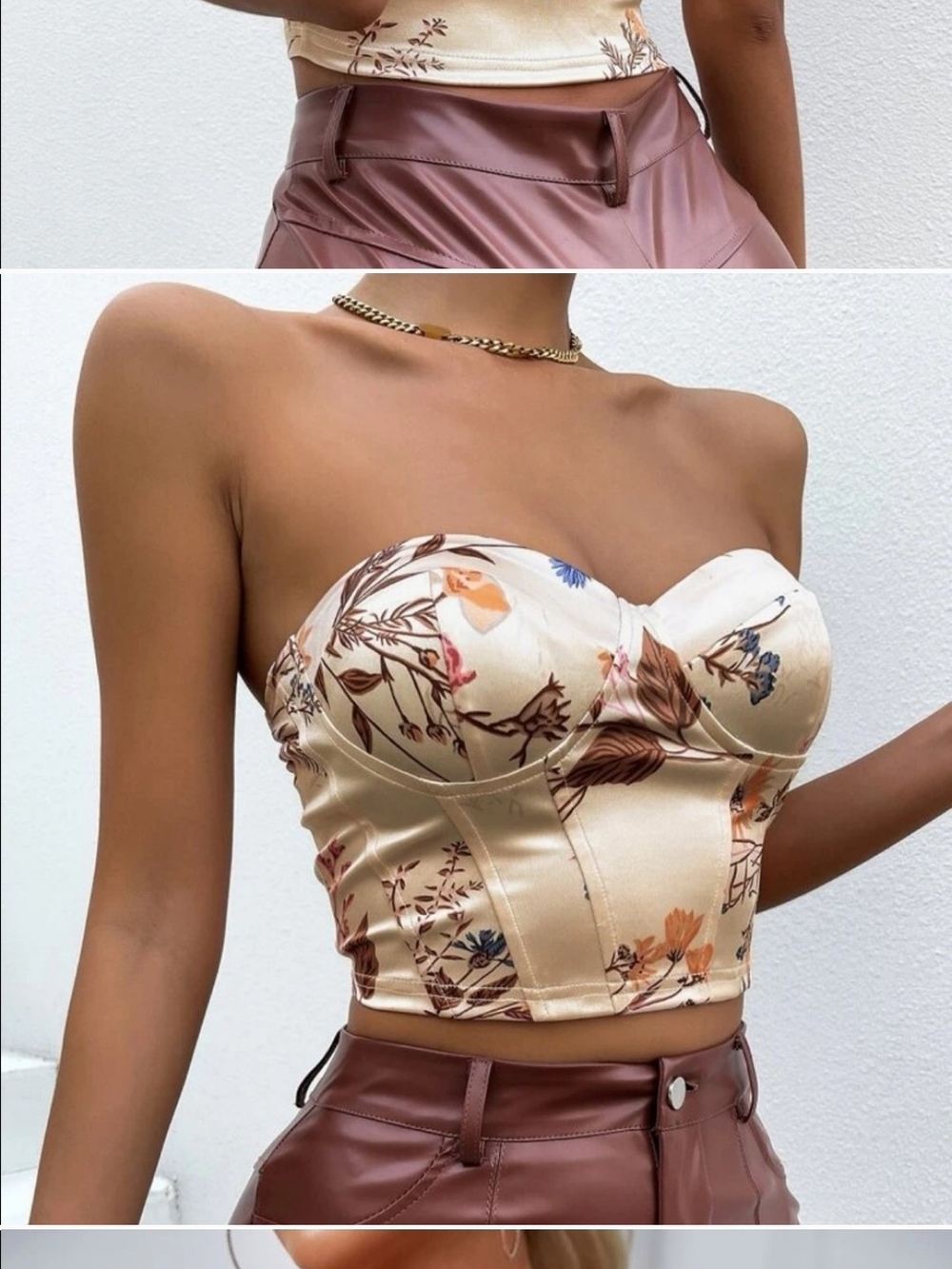 SHEIN Cream Floral Satin Bustier Crop Top